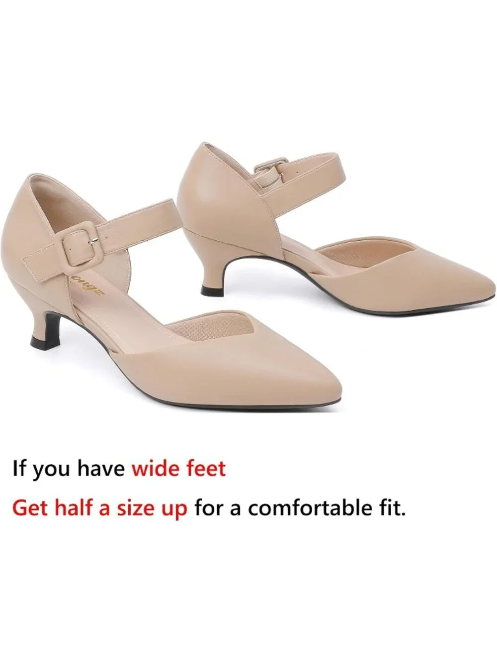 Women's Nude Closed Pointed Toe Ankle Strap Buckle Heels Slip on Low Heel Shoes
